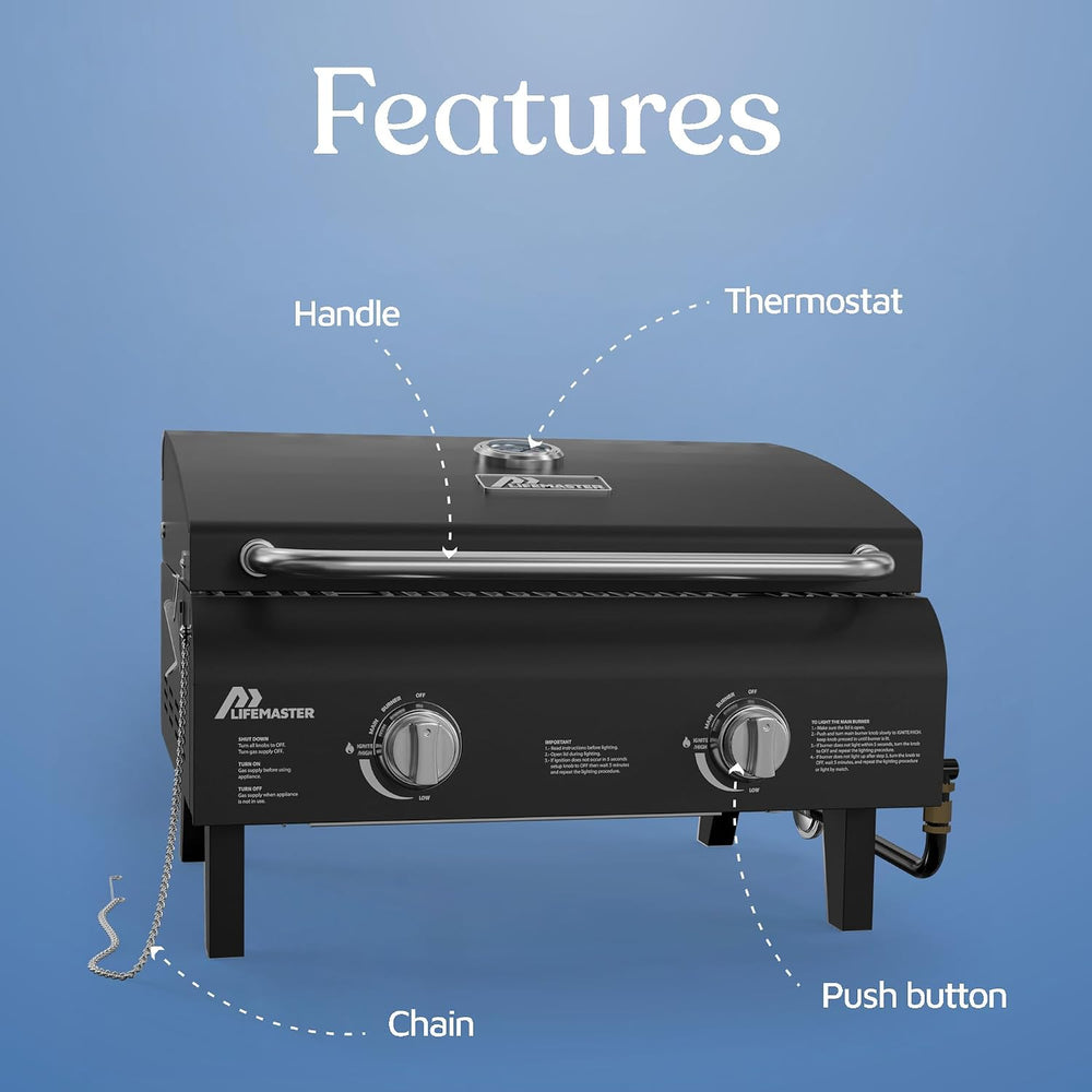 Black Portable Gas Grill, Dual 10,000 BTU Burners, 275 Sq.In Cooking Space, P...