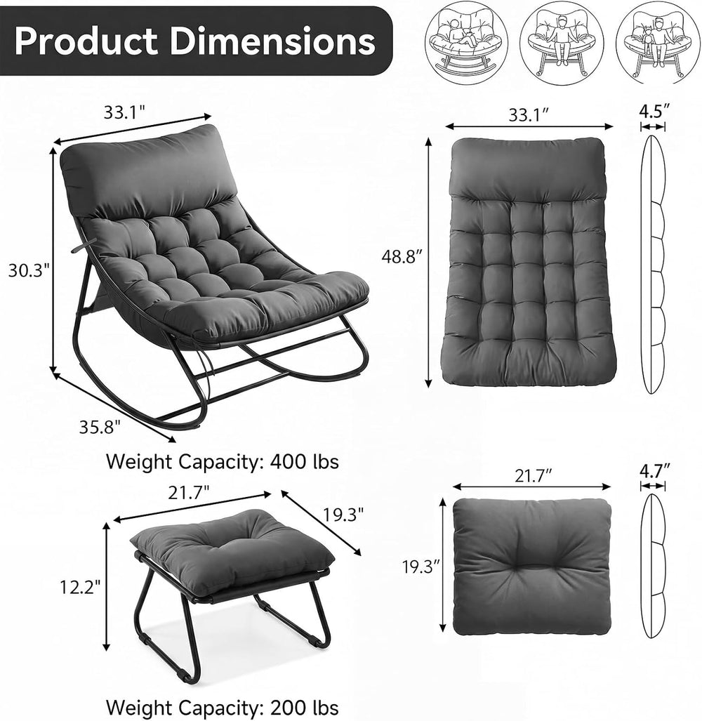 Aoxun Outdoor Rocking Chair with Ottmans, Cozy Papasan Rocking Chair with Thi...