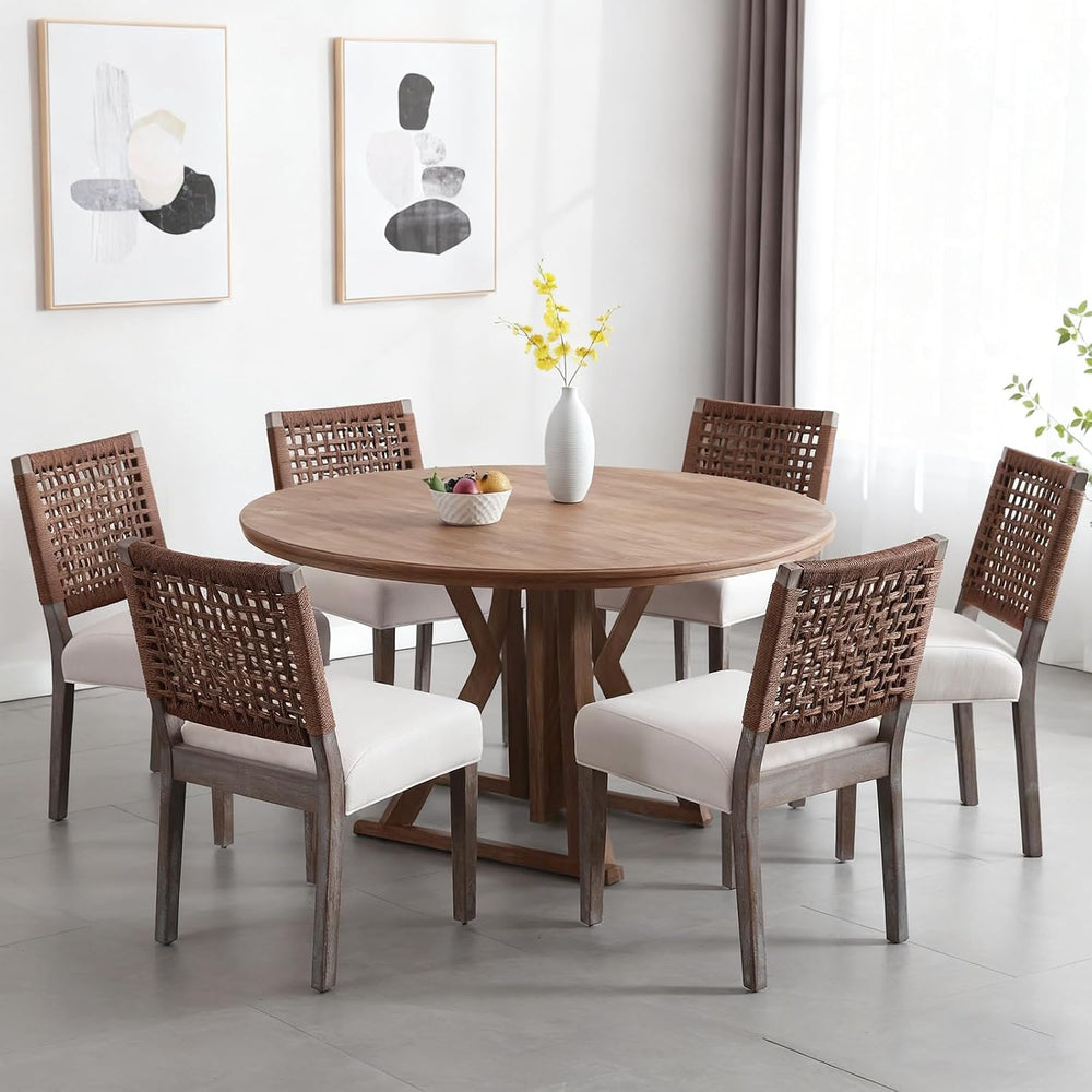 Farmhouse Dining Chairs Set of 6, Upholstered Dining Chairs with Handwoven Ba...