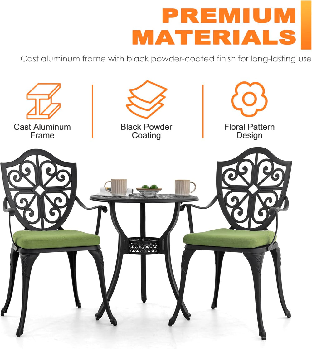 NUU GARDEN Outdoor 3-Piece Bistro Set with Cushions, Round 24 Inch Cast Alumi...