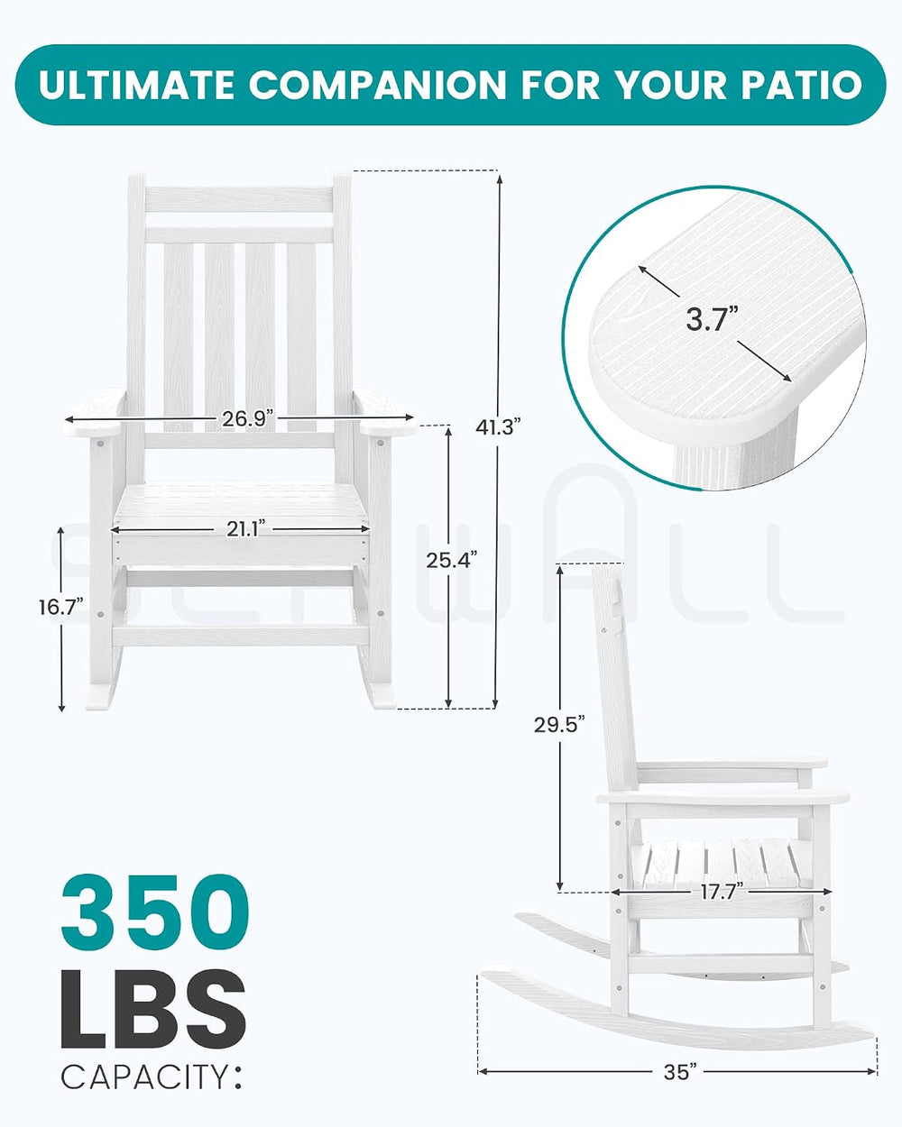 SERWALL Outdoor Rocking Chair Set of 4, HDPE Rocker for Adults, White