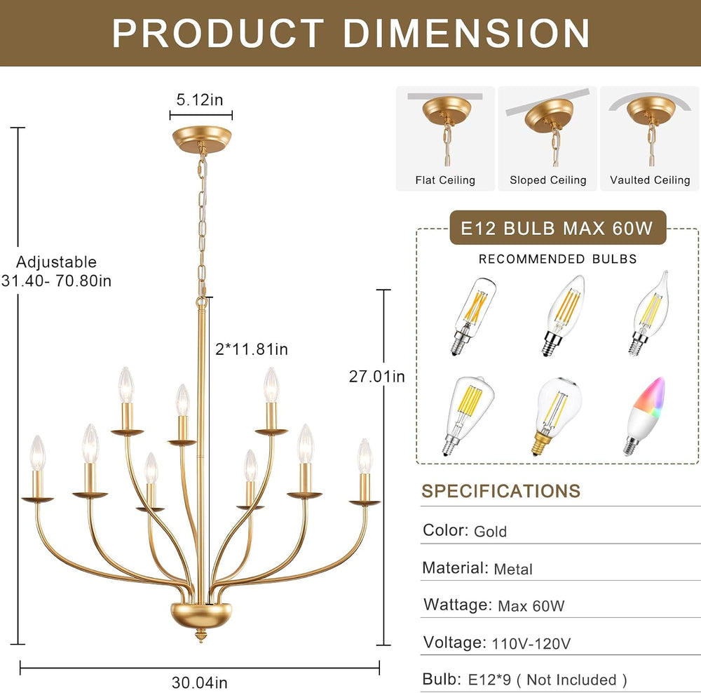 9-Light Gold Chandelier for Dining Room Light Fixtures, Mid Century Modern Fa...