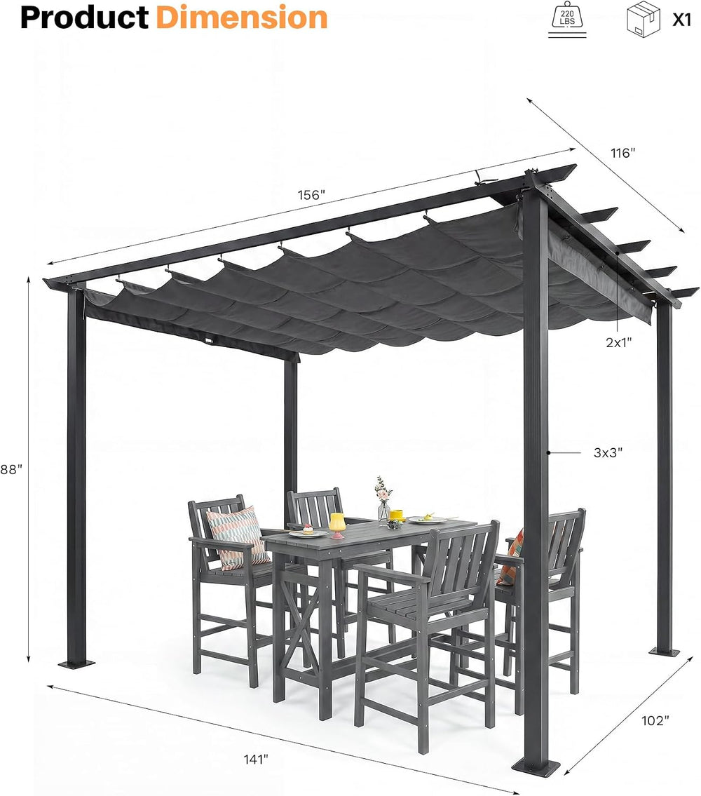 10' X 13' Patio Retractable Pergola Canopy, Grey