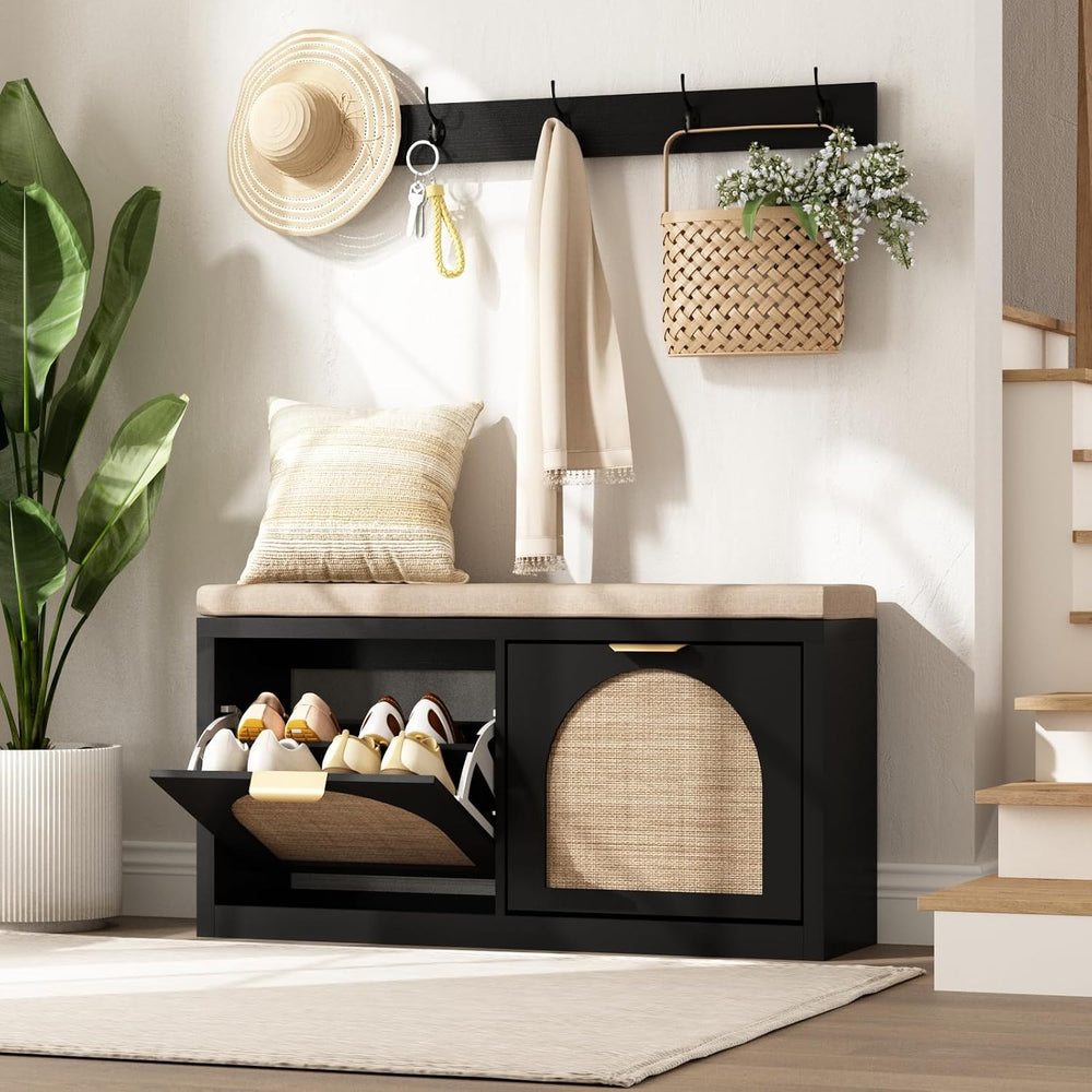 Rattan Narrow Entryway Bench with Shoe Storage, 2 Flip Drawers & Coat Rac...