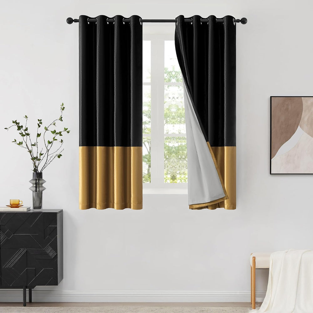BULBUL Black Gold 100% Full Blackout Velvet Curtains,63 inches Long Modern Li...