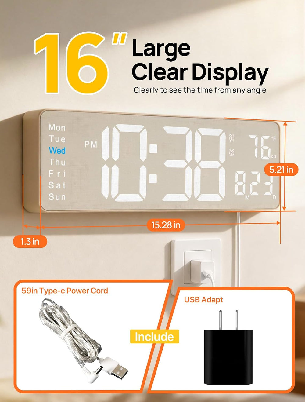 MASHI 2026 Upgrade Digital Wall Clock, 16" Large Display Digital Clock w...