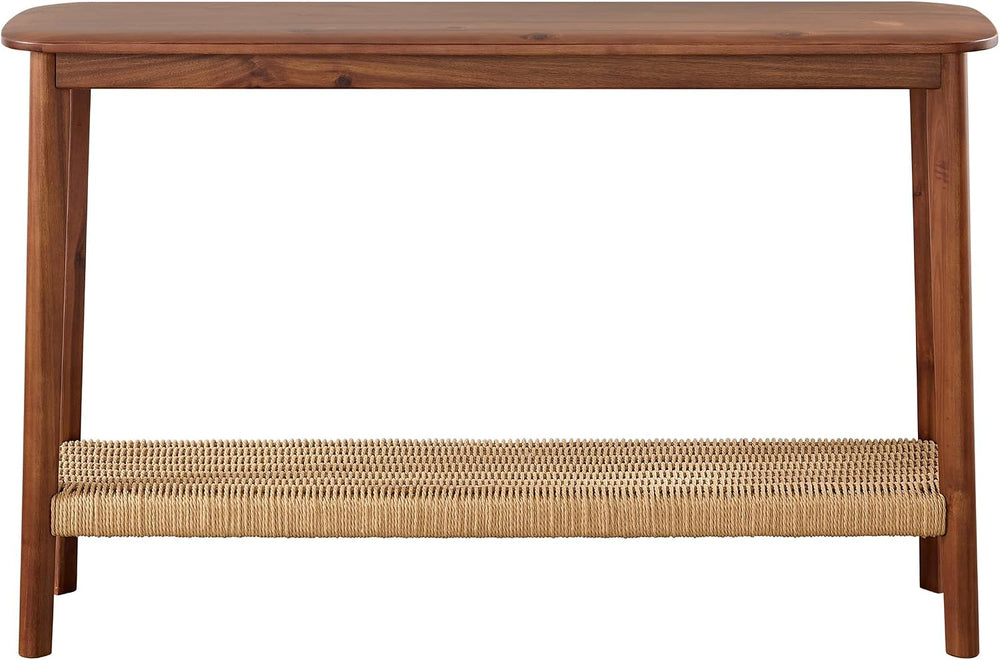 Calais Solid Wood Console Table with Woven Storage Shelf, Chestnut, 48 Inch