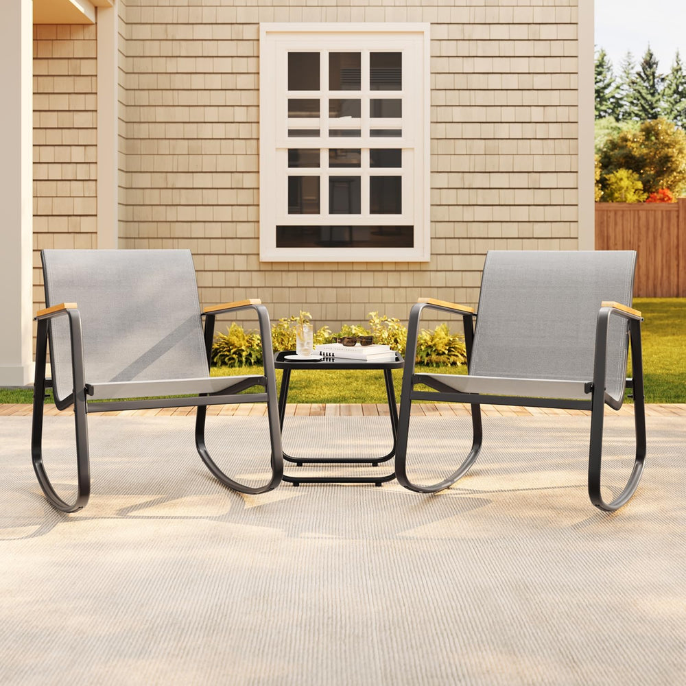 Aiho 3 Piece Patio Bistro Set, Textilene Rocking Chairs for Porch, Gray