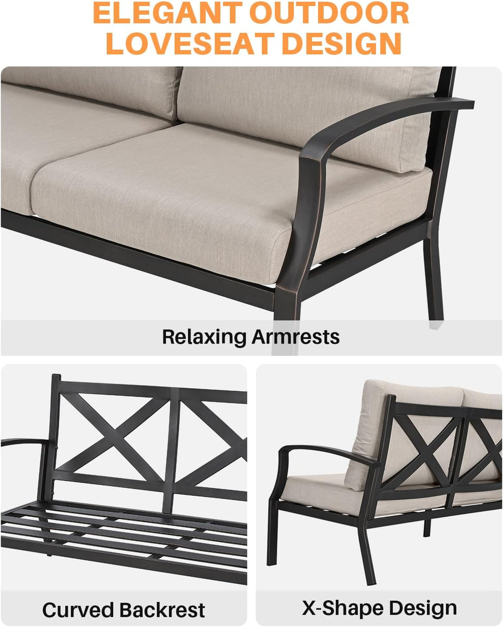 Never-Rust Aluminum Outdoor Loveseat, Modern Patio Loveseat Couch with Deep S...