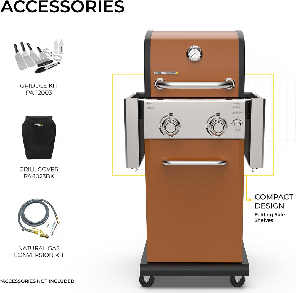 Permasteel 2-Burner Propane Gas Grill, BBQ Grill with Foldable Side Tables &a...