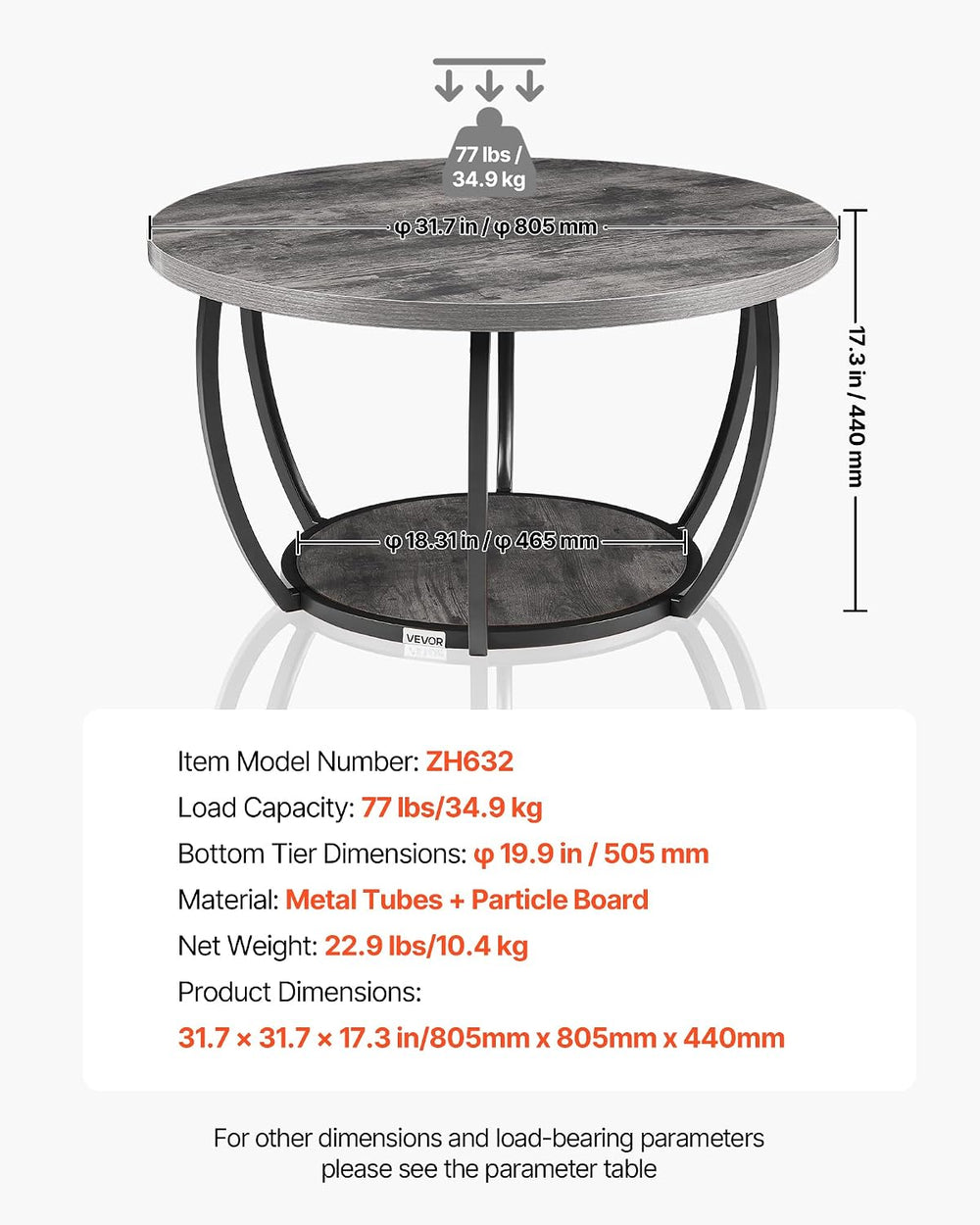 VEVOR Coffee Table, 31.5" Modern Round Coffee Table, 2 Tiers Wooden Circ...