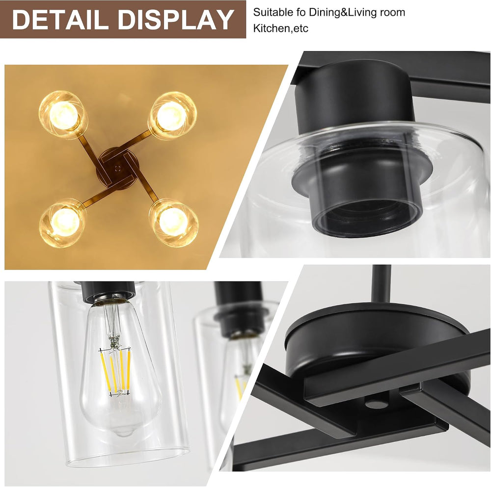 4-Light Modern Farmhouse Black Chandelier, Dining Room Light Fixture Over Tab...
