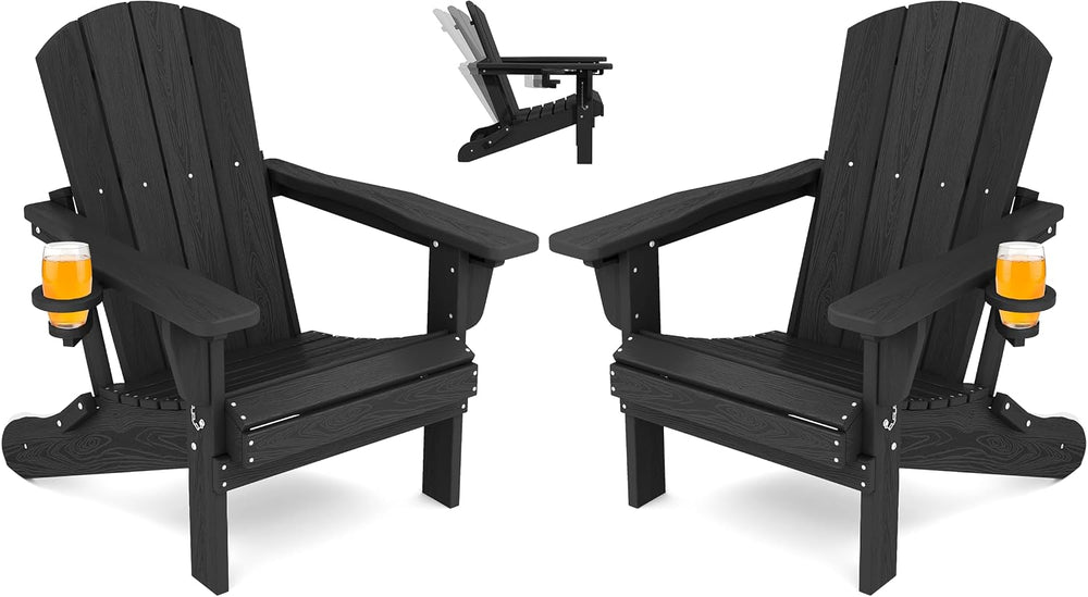 SERWALL Folding Adjustable Adirondack Chairs Set of 2, Cup Holders, Black