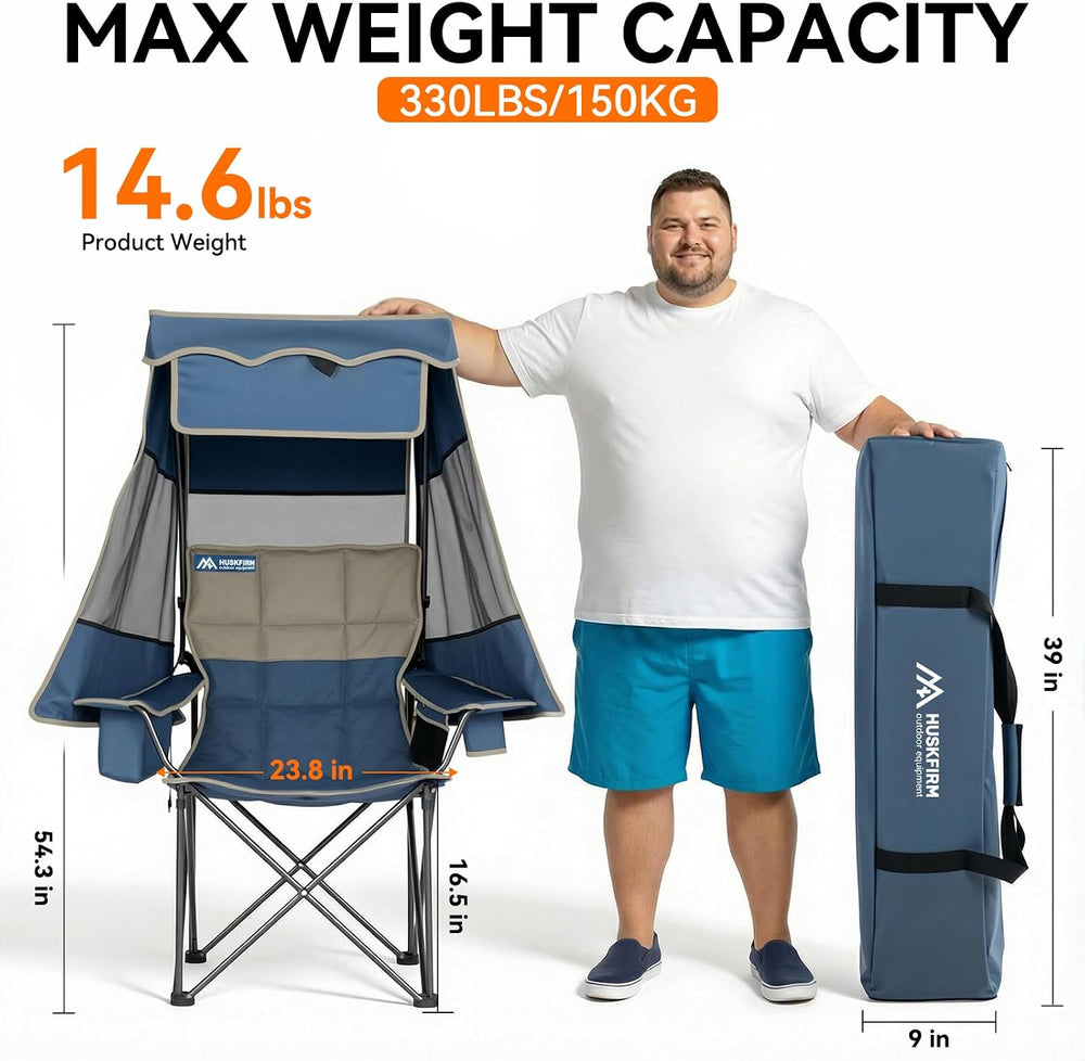 Oversized Camping Chair with Canopy,Folding Chair Supports 330 Lbs, Blue