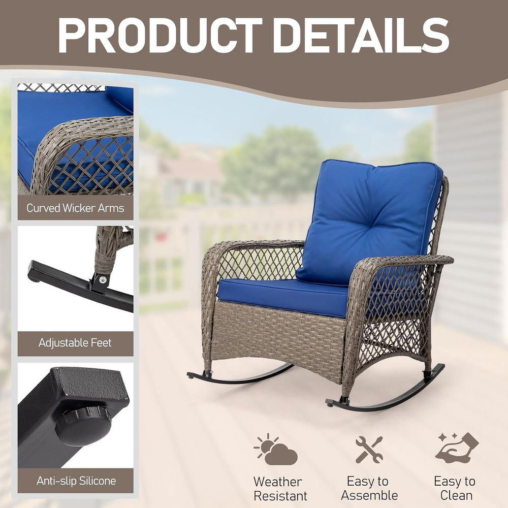 Outvita Outdoor Wicker Rocking Chair w/Cushions & Steel Frame, Navy Blue