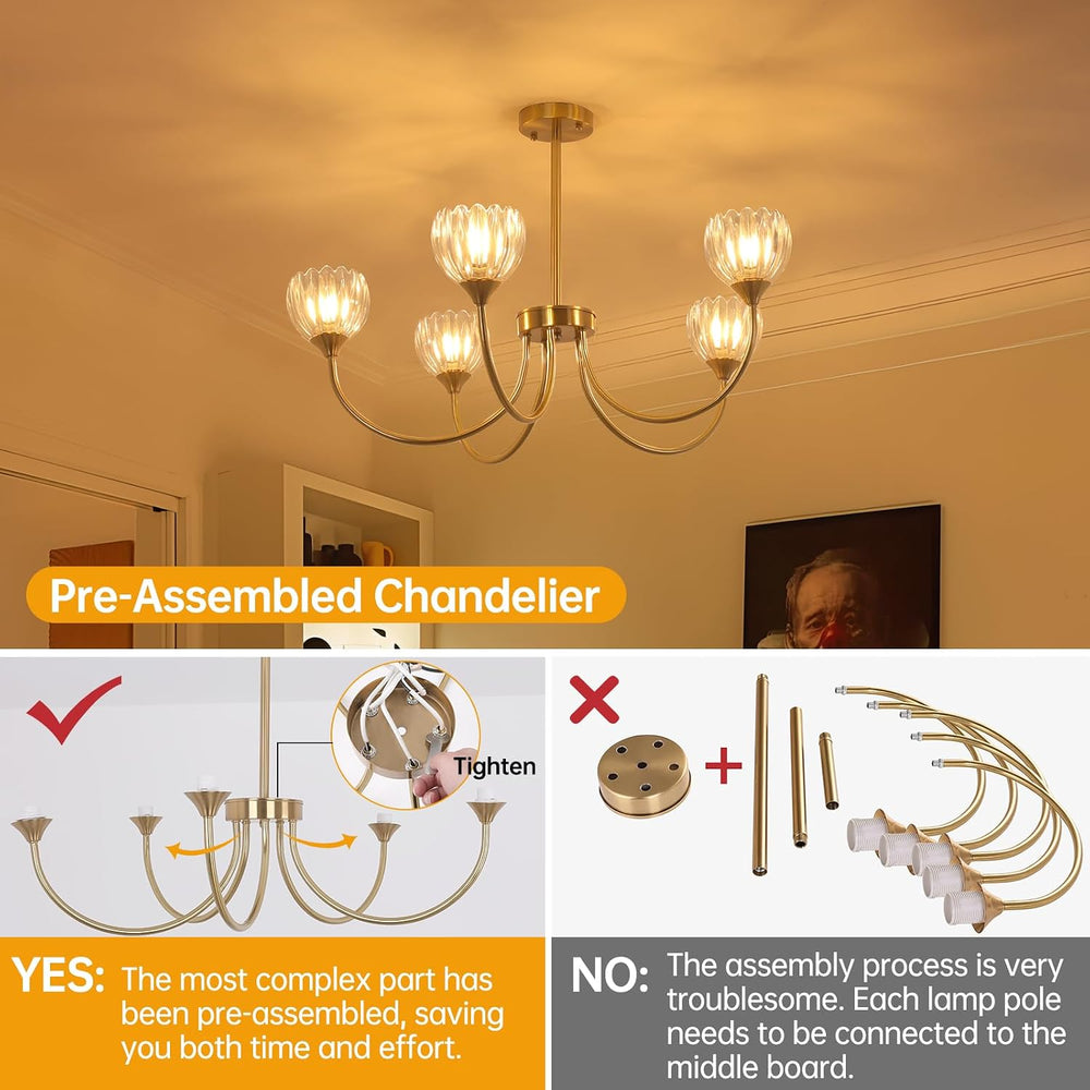 Shenmoyl 30.31" Brass Gold 5-Light Chandelier, 5-Arm Clear Tulip Glass P...