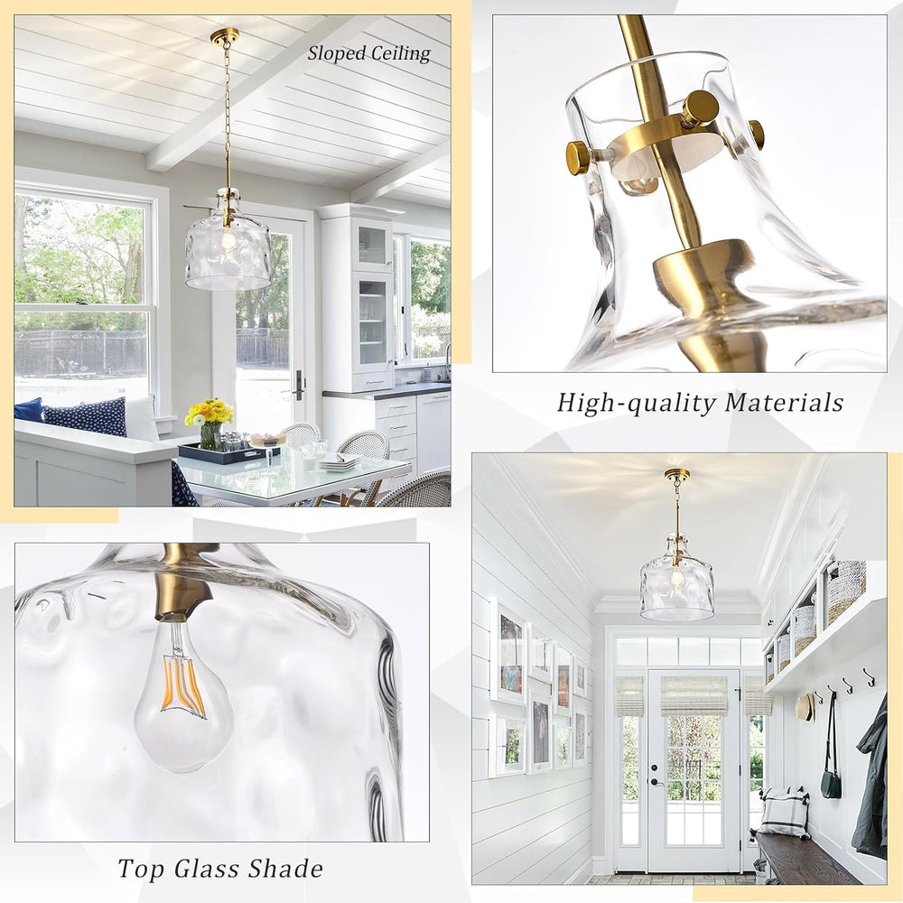 CATINER 16" Farmhouse Hammered Glass Pendant Light, Gold Hanging Light