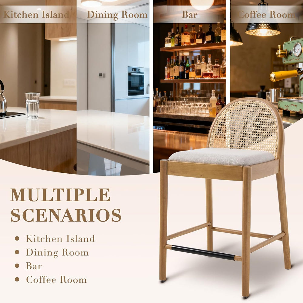 HEAH-YO Rattan Bar Stools Set of 4, 26 Inch Counter Height Bar Stools with Ba...