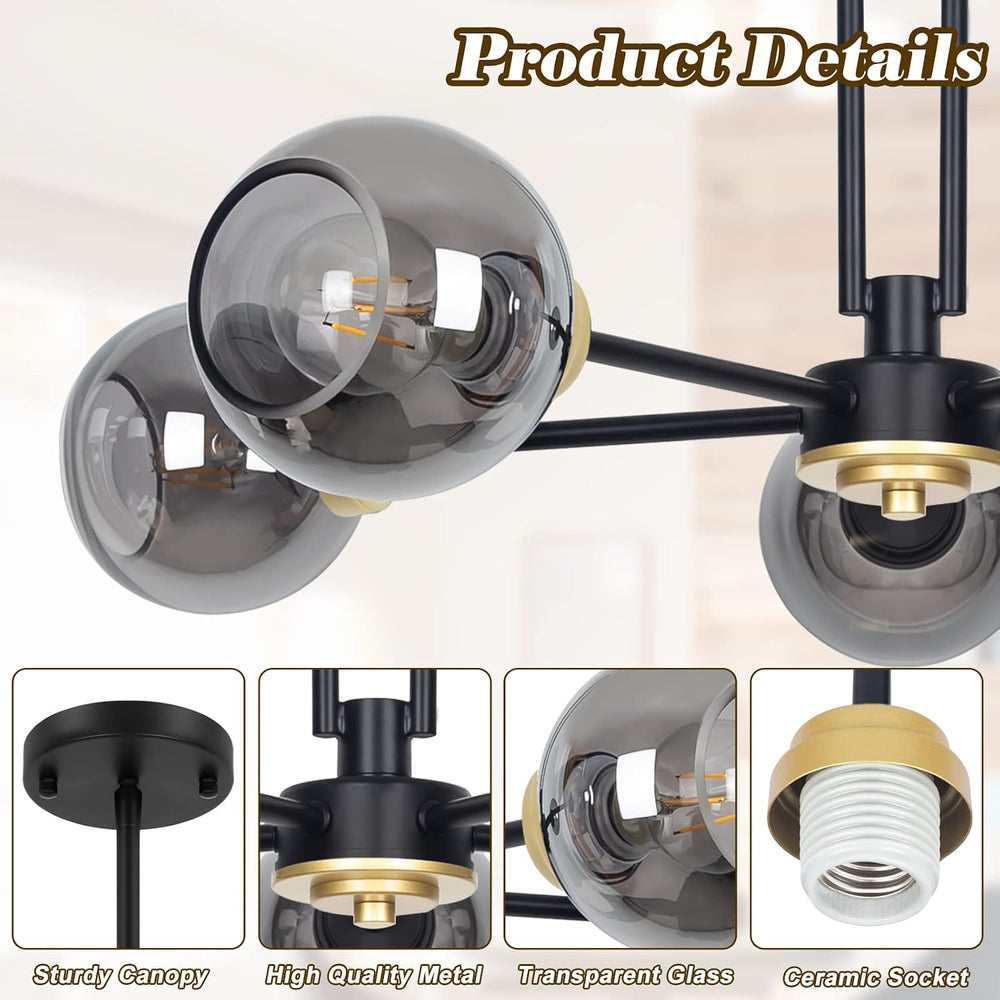 5-Light Black Sputnik Smoked Glass Ceiling Light Globe Chandelier