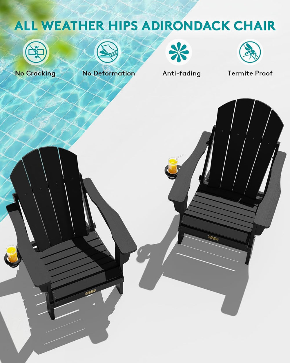 SERWALL Folding Adirondack Chair Set of 4, Fire Pit with Cup Holder -Black