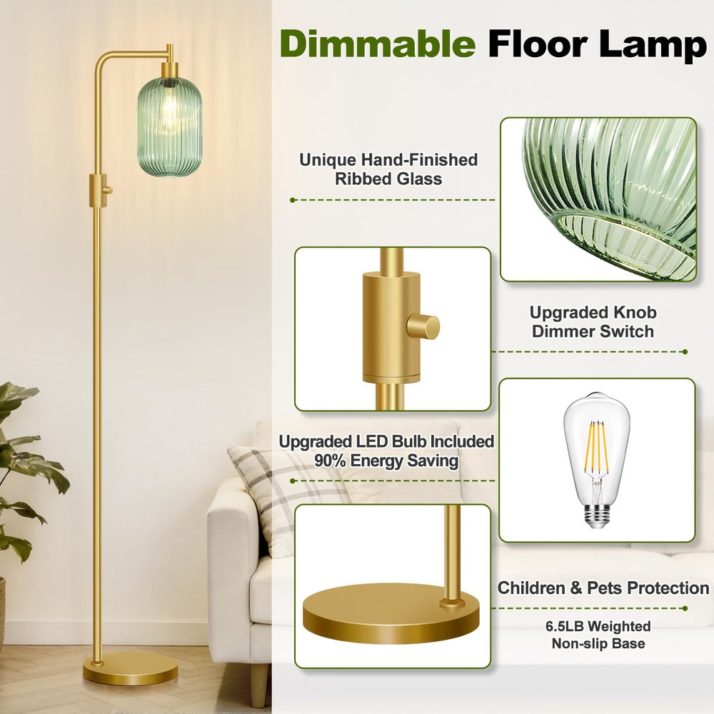 【Upgraded】 Dimmable Floor Lamp for Living Room with Green Ribbed Glass Lampsh...