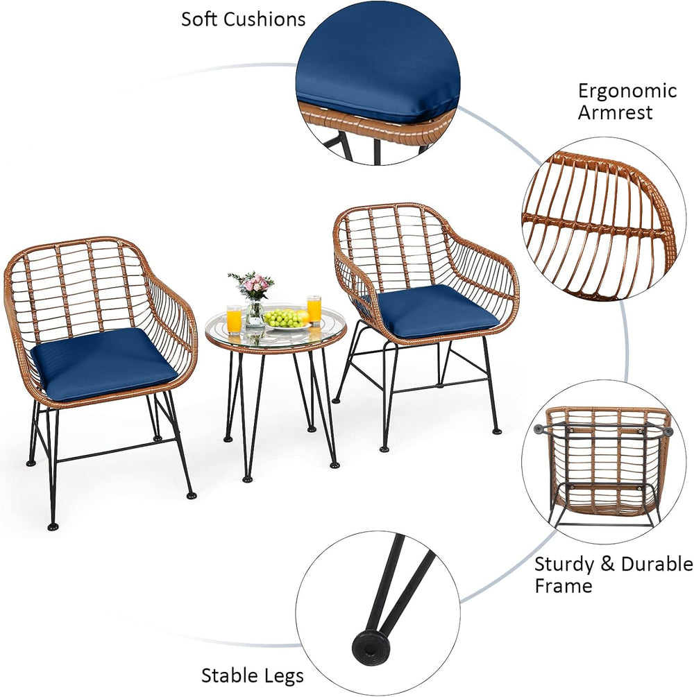 Tangkula 3 Pieces Patio Conversation Bistro Set, Outdoor Wicker Furniture w/R...