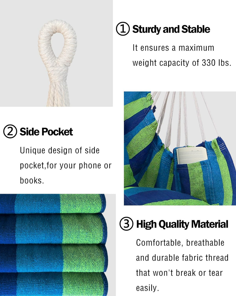 Halalona Hammock Chair Hanging Hammock Chair Rope Swing 2 Cushions Included-S...