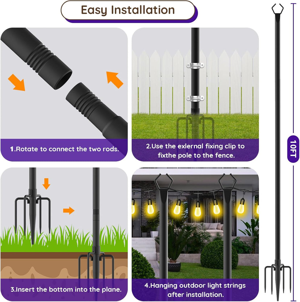zoegi 4 Pack 10Ft String Light Poles,Light Poles for Outside Lights with Fork...