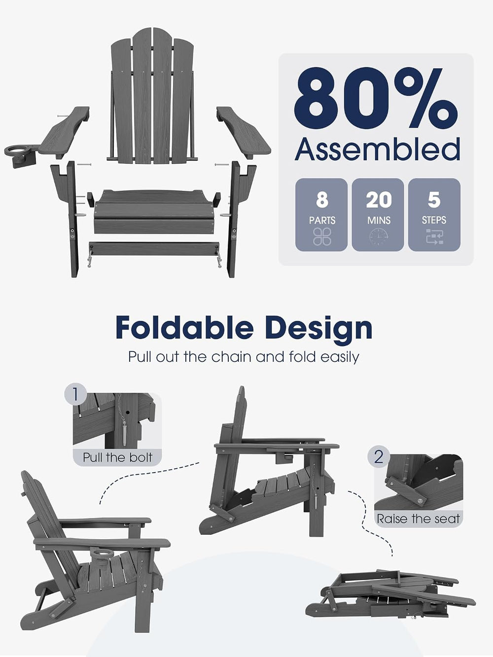 KINGYES Adjustable Adirondack Chair, 3 Position Chair with Cup Holder Gray