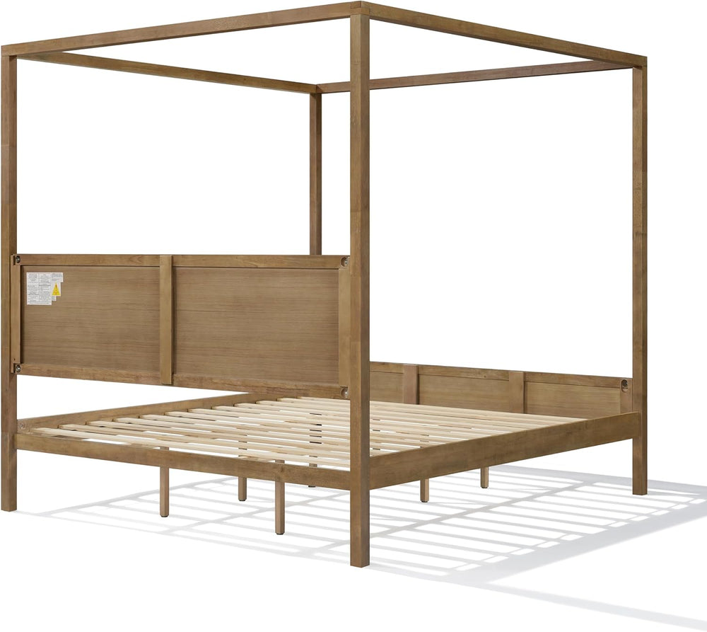 Merax King Canopy Bed Frame with Headboard & 4 Posters, Antique Natural