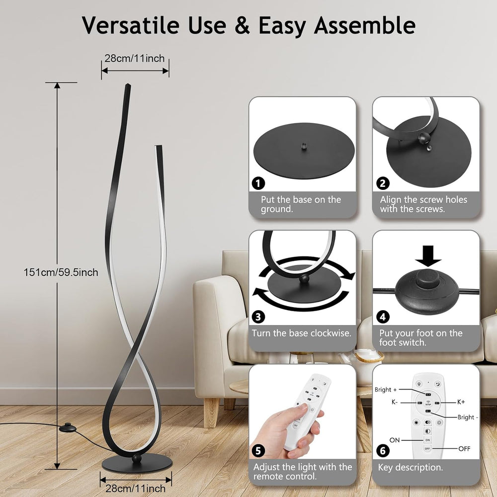 NUÜR 59" Black Spiral LED Floor Lamp, Modern Standing Lamp with Remote