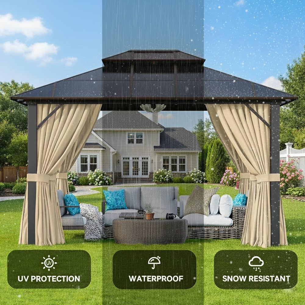 10x12 Hardtop Gazebo with Curtains & Netting, Double Roof Polycarbonate C...