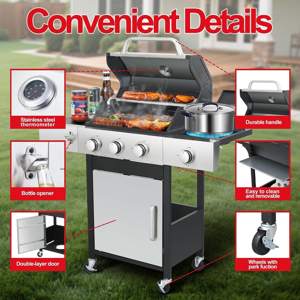 3-Burner Propane Gas Grill with Side Burner for Outdoor BBQ