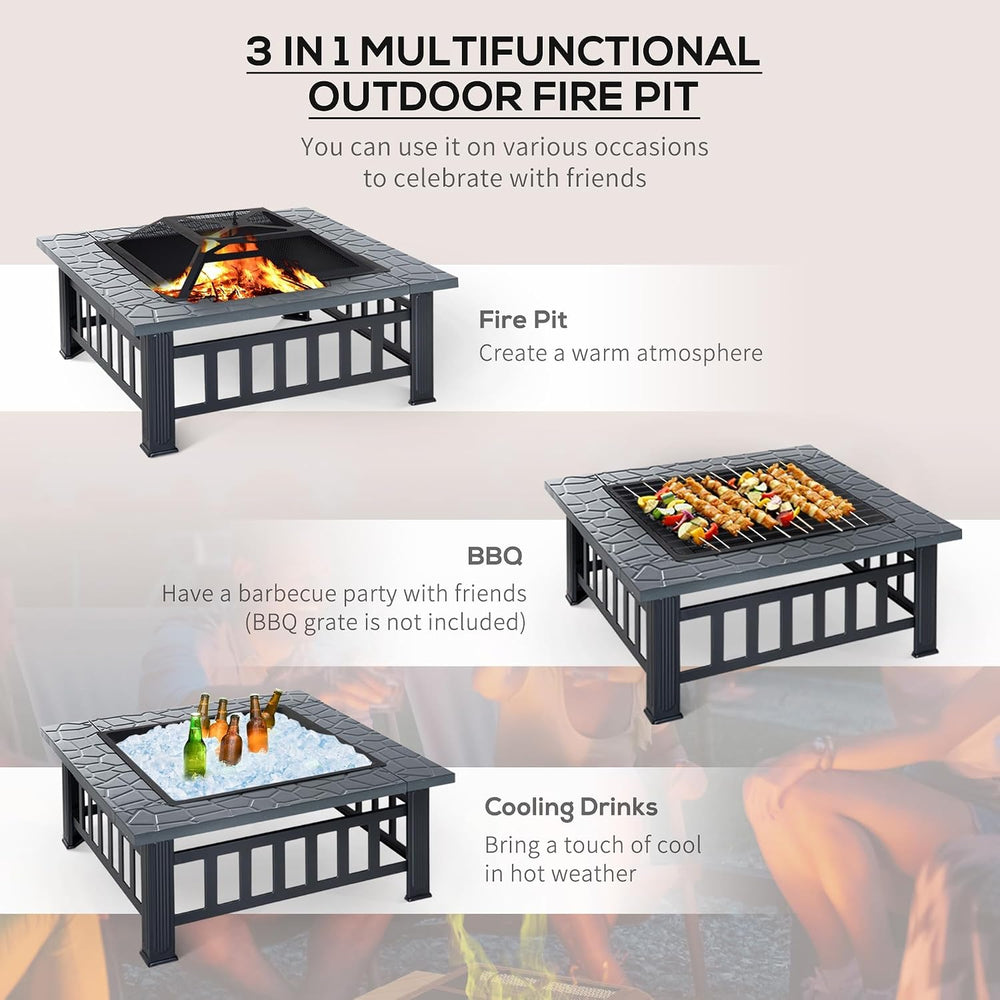 Outsunny 34" Outdoor Fire Pit Square Steel Wood Burning Firepit Bowl