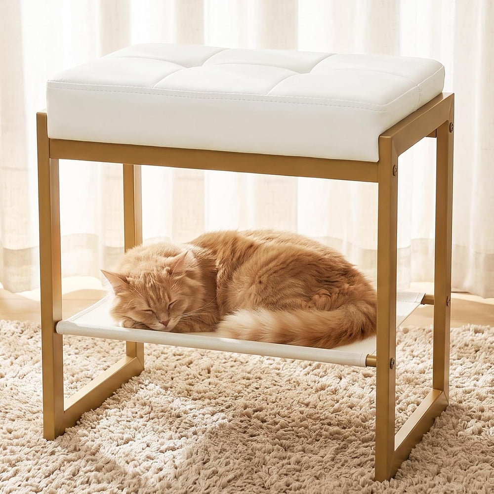 White Gold Vanity Stool, Vanity Chair Stools with a Lower Storage Shelf, Faux...