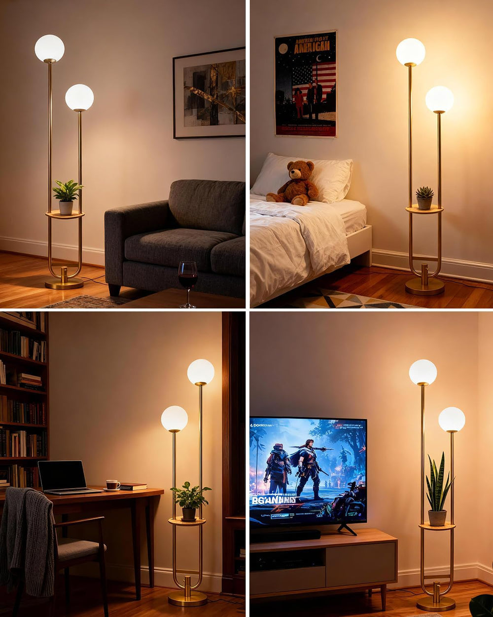 Lightdot 63IN Gold Floor Lamp with Table 2 Globe Mid Century Standing Lamps w...