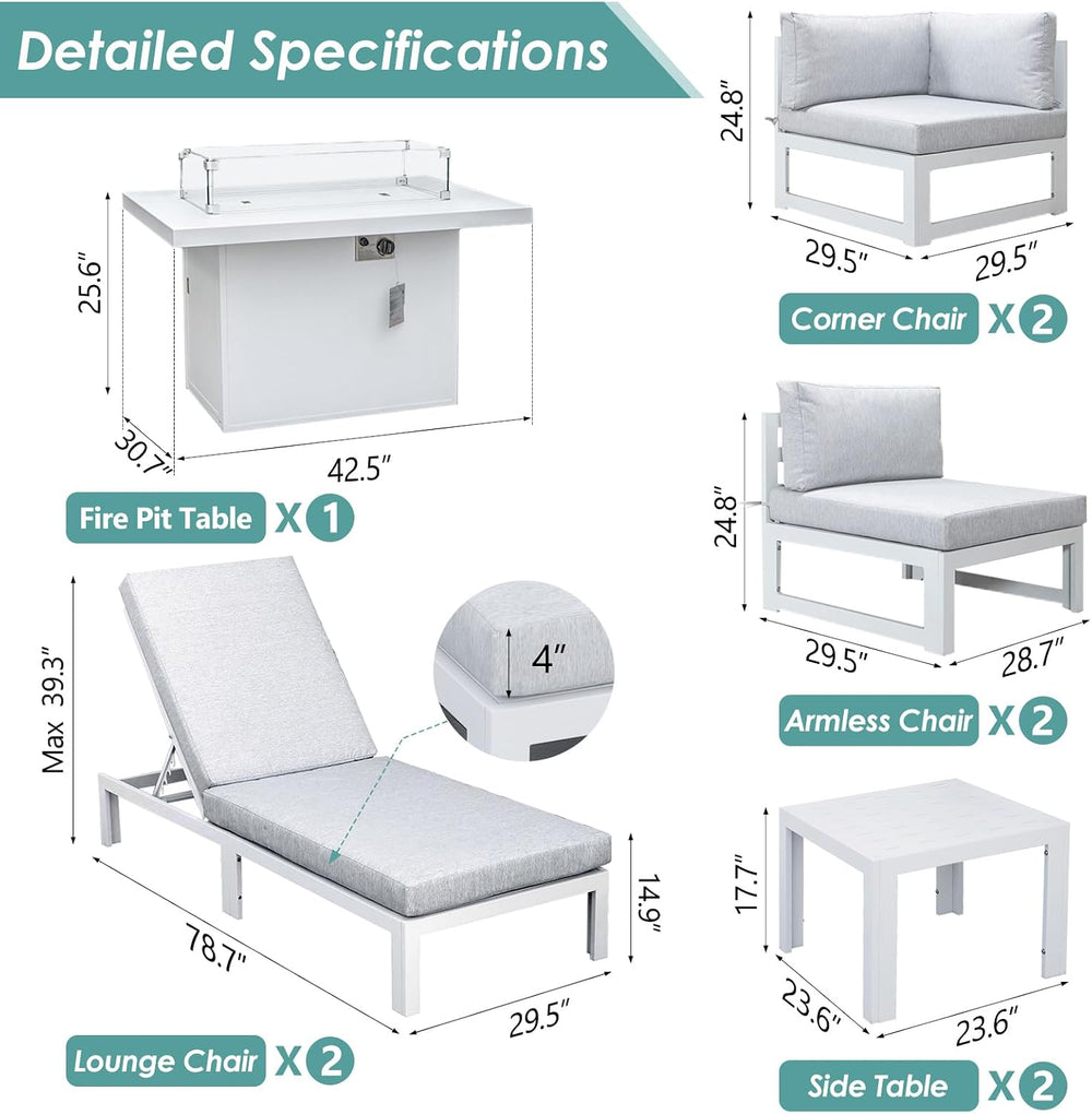 RADIATA 9 Piece Aluminum Outdoor Sofa Set w/Fire Pit & Lounge Chair, White