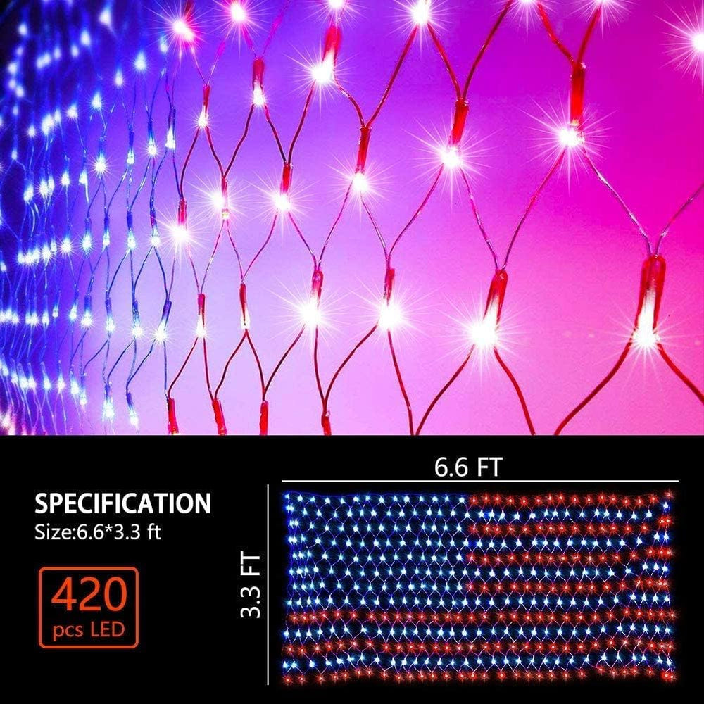 American Flag String Lights, 420 LED USA Flag Net Light Waterproof Patriotic ...