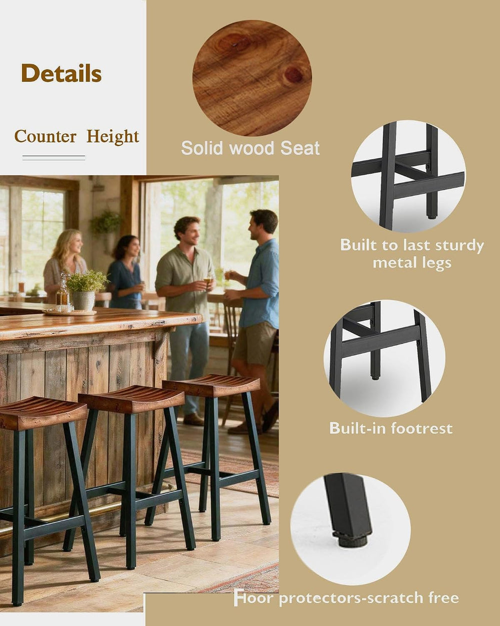 Rustic Farmhouse Wood Bar Stools Set of 3, 25" Backless Counter Barstool...