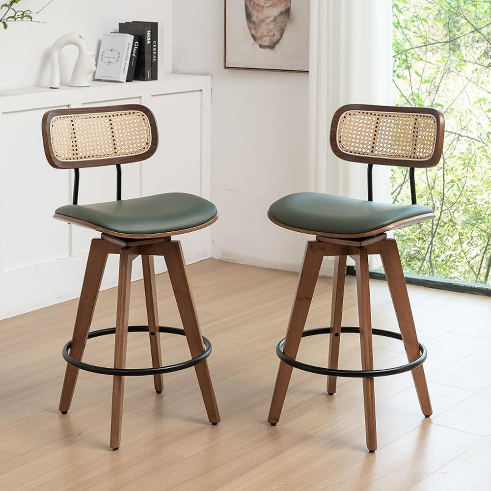 26" Rattan Bar Stools Set of 2,Faux Leather Counter Height Swivel Barsto...