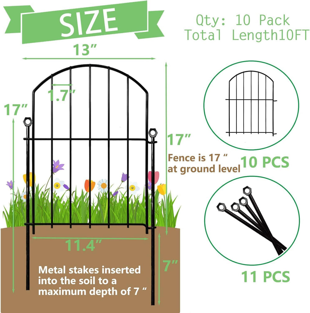 Decorative Garden Fence 17in x10ft, 10 Pack Rustproof Metal No Dig Fence Anim...