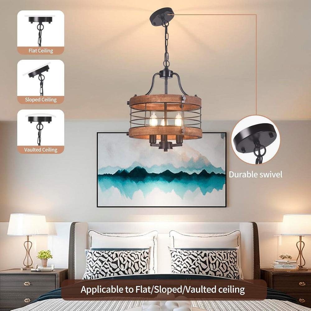 Farmhouse Wood Chandelier Vintage Ceiling Light, Modern Metal & Wooden Ci...