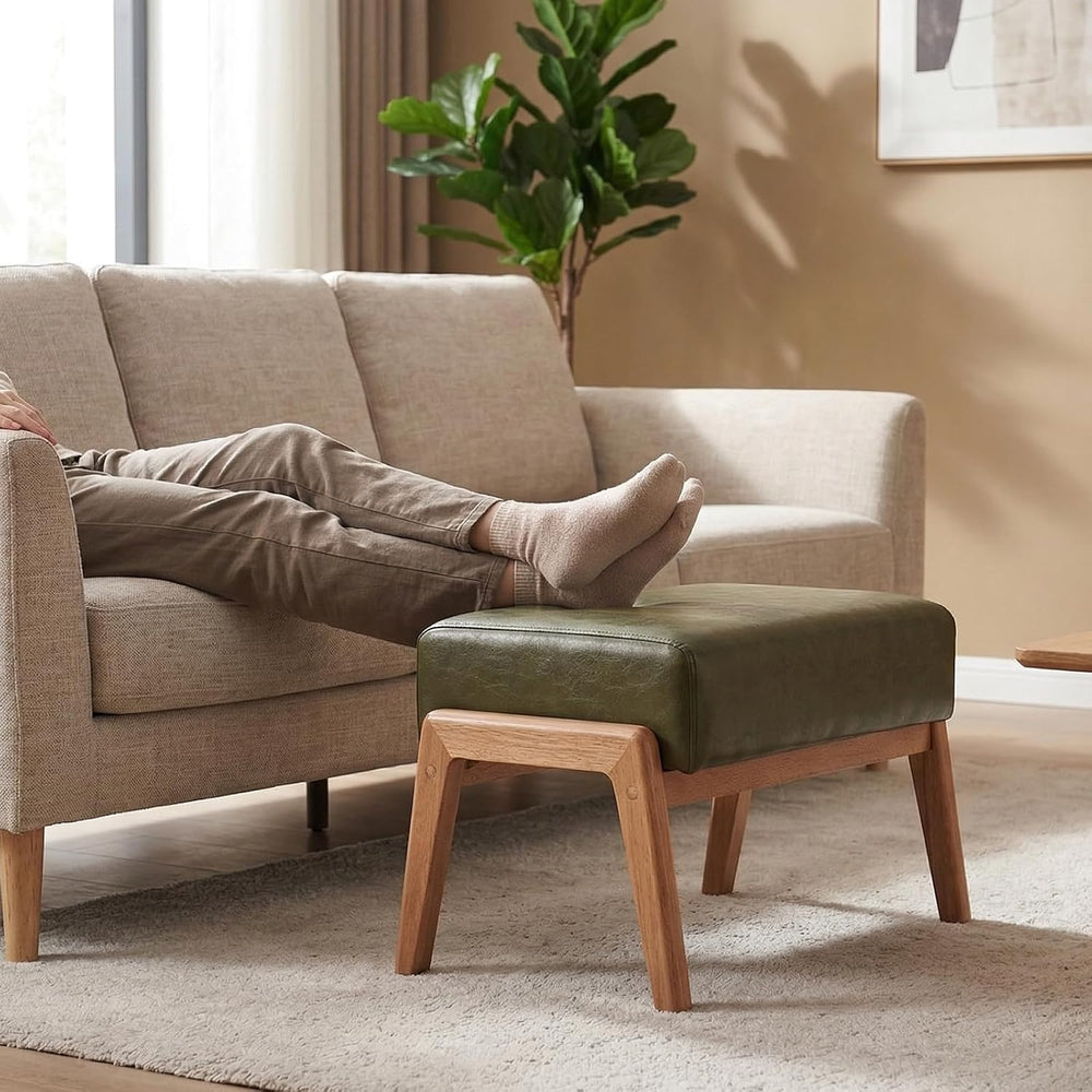 Modern Ottoman Foot Stool, Faux Leather Accent Sofa Footrest with Walnut Rubb...