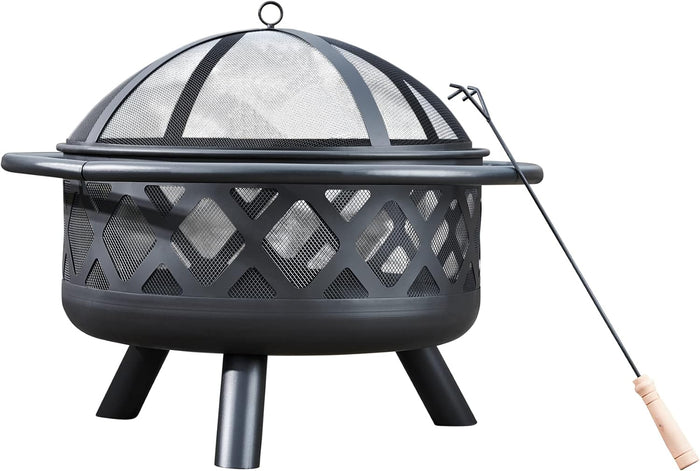 Teamson Home Large 76cm Garden Round Wood Burning Fire Pit, Outdoor Furniture Chimnea, Firepit Heater, Metal Log Burner Fire Bowl with Lid & Poker