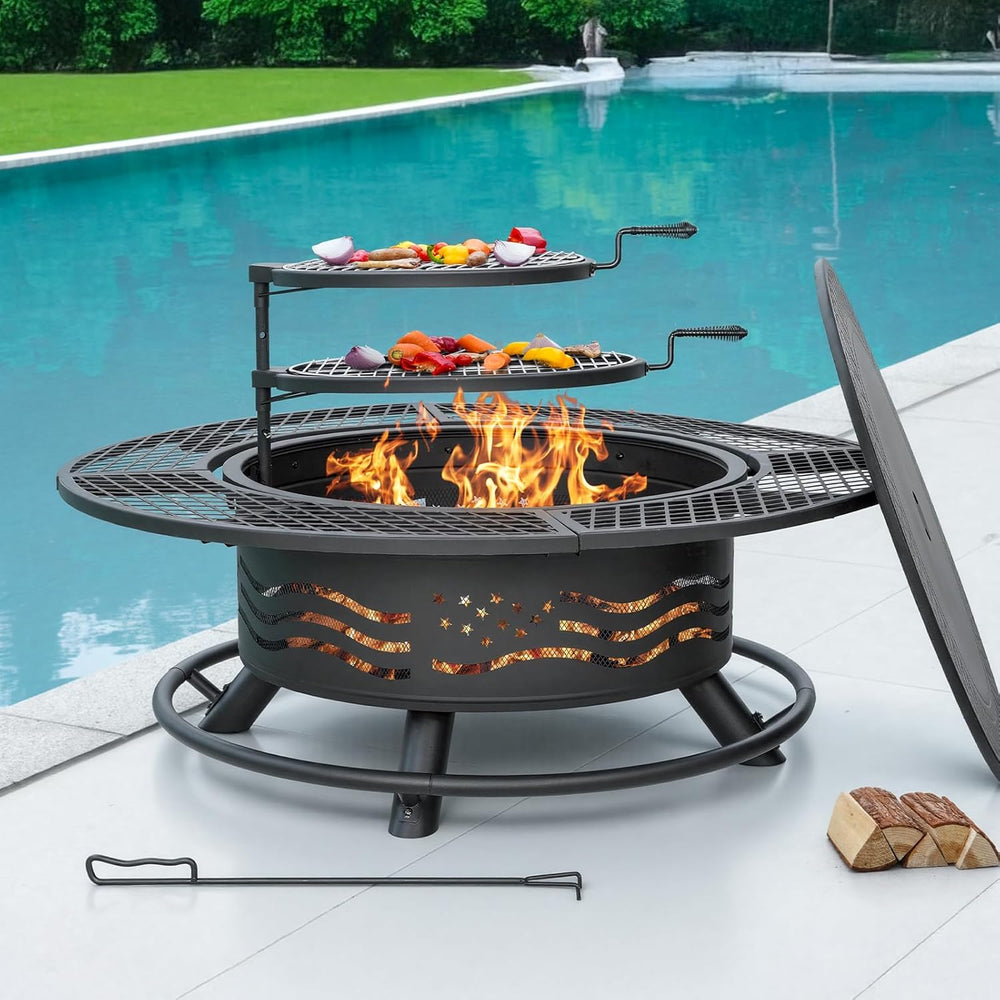 Panovue 47 Inch Fire Pit with 2 Cooking Grates and Table Lid