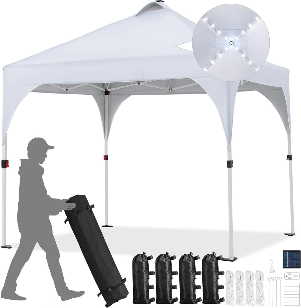 Yaheetech 10x10ft Pop Up Canopy Tent Built-in Solar LED Lights UPF 50+, Wht
