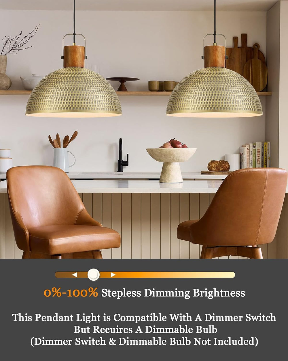 ELYONA 2 Pack Large Hammered Pendant Light Fixtures, 16 Inch Ash Wood Vintage...