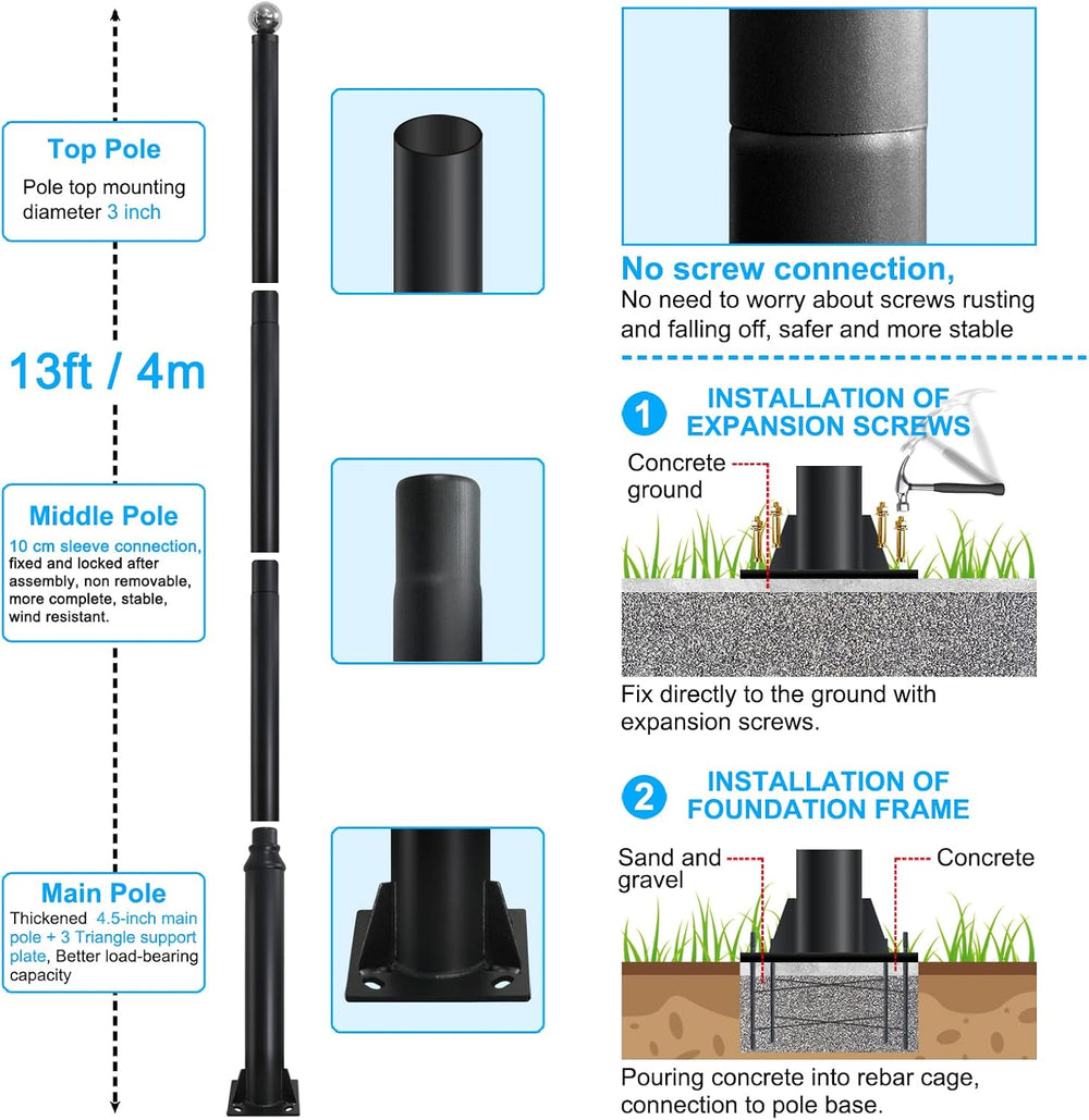 Street Light Pole 13ft Tall, Black Outdoor Galvanized Heavy-duty Metal Solar ...