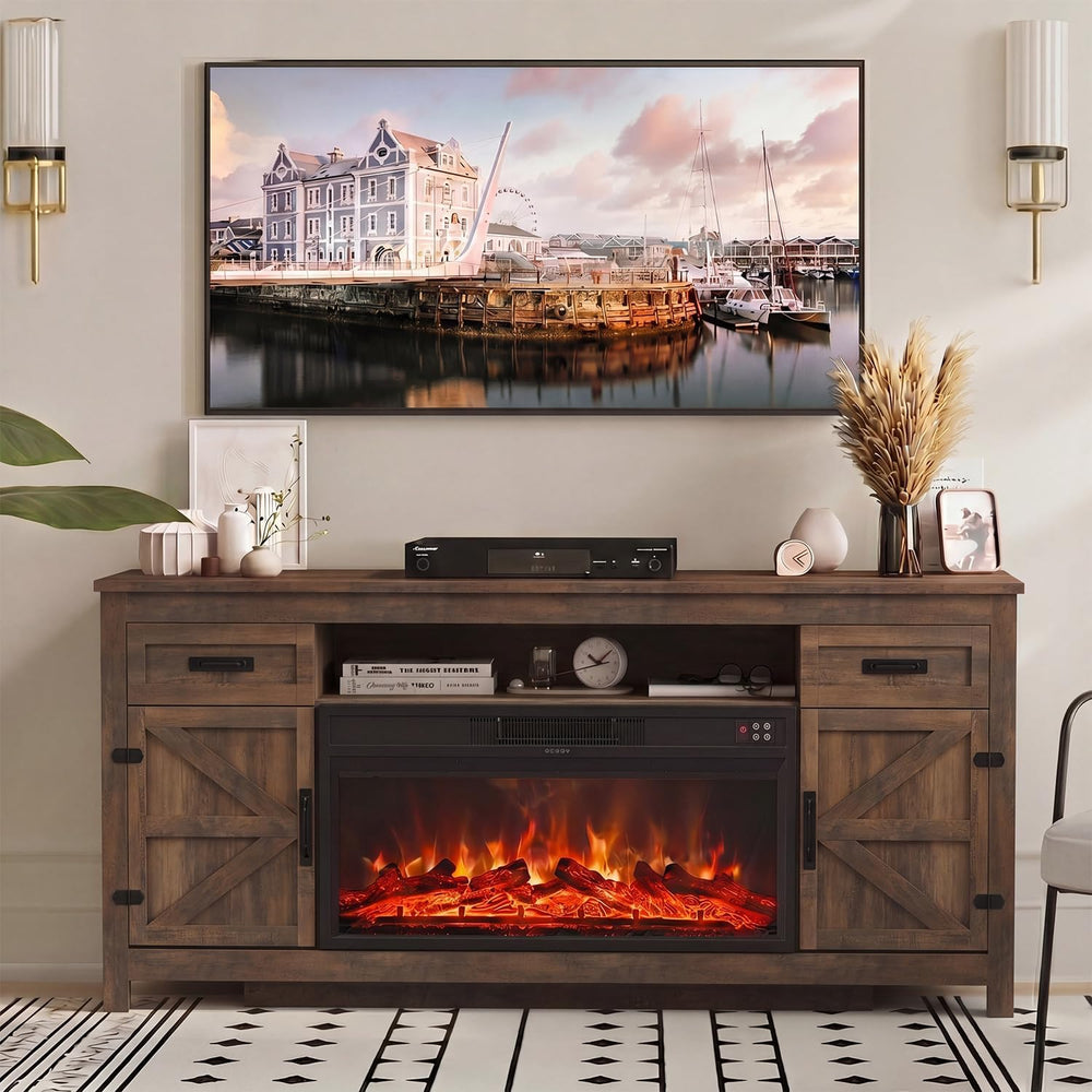 Fireplace TV Stand, 70" Farmhouse TV Stand with Barn Door for 80" T...