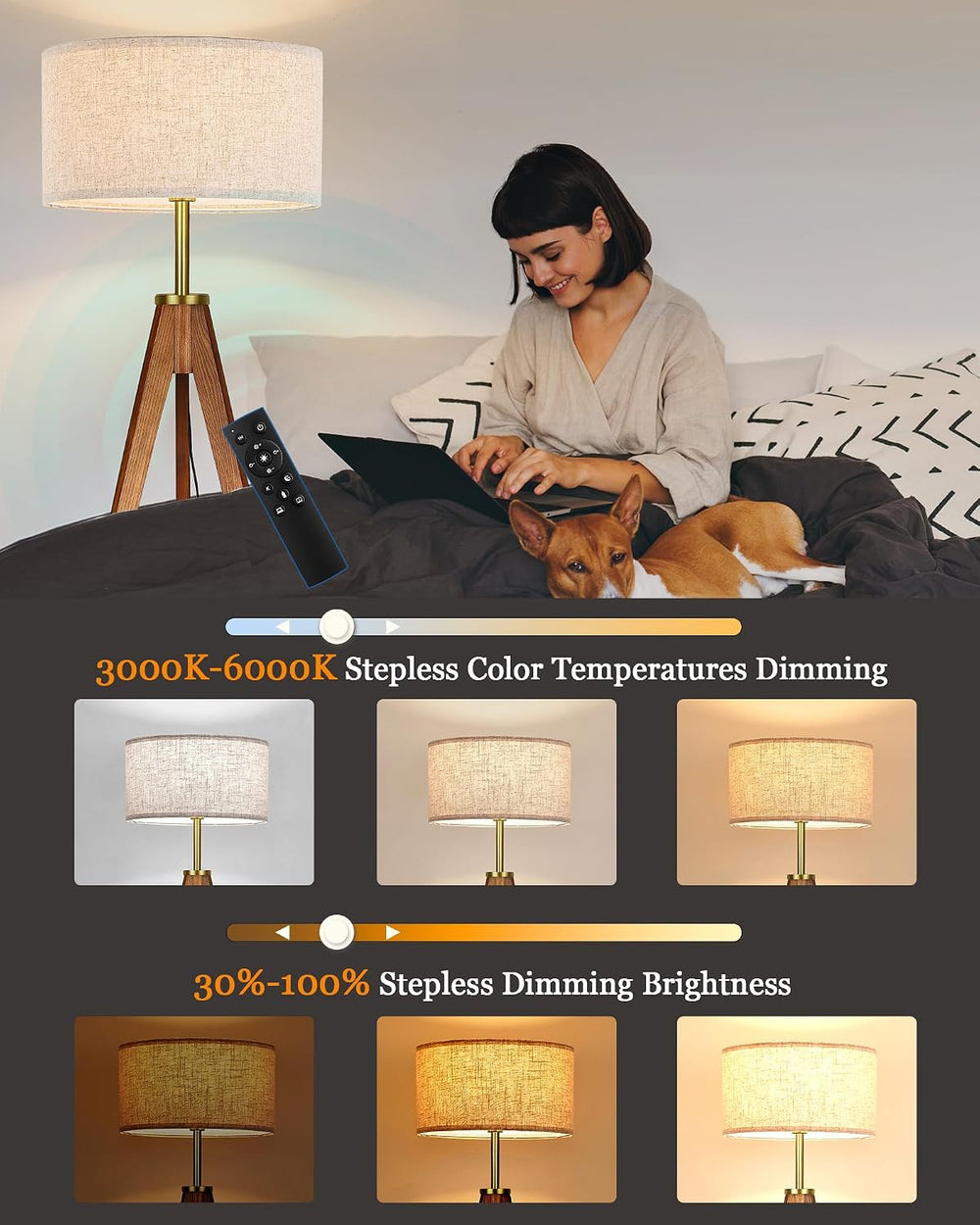 ELYONA Floor Lamp for Living Room, Solid Ash Wood Tripod Floor Lamp with Remo...